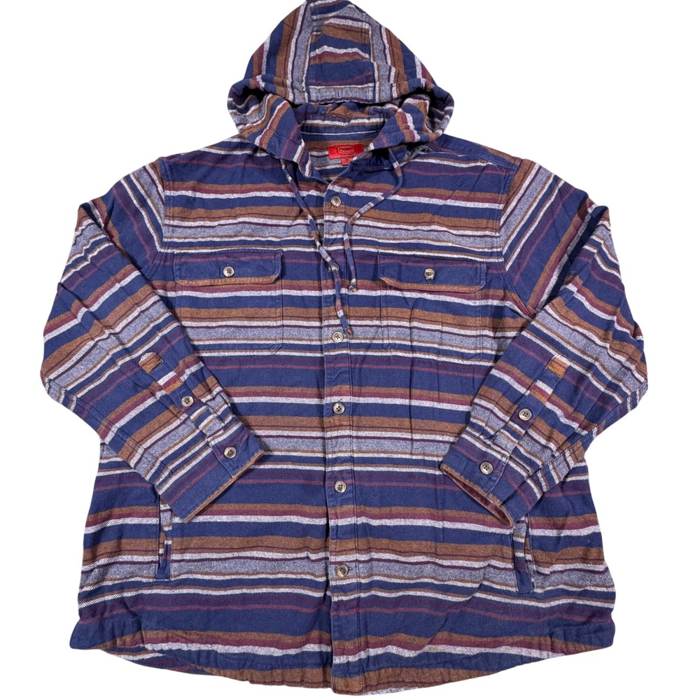 The Foundry Supply Co Mens 2XL Hooded Flannel Shirt Jacket Striped Blue Cotton